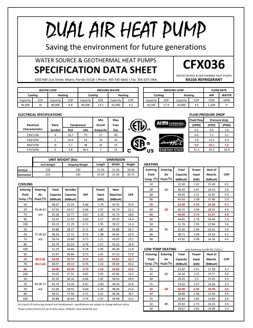 Data Sheets - Dual Air Heat Pump