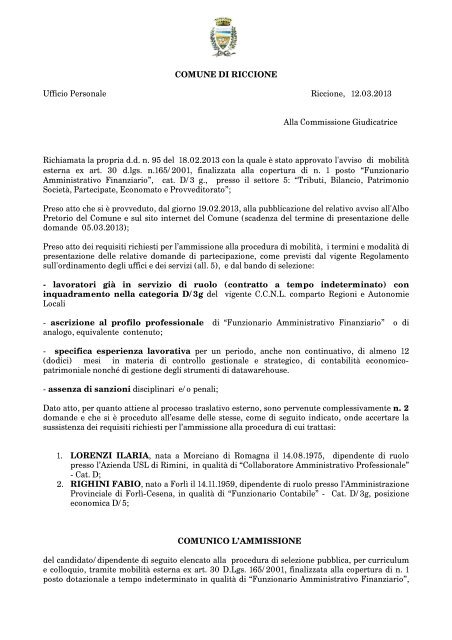 Elenco candidati ammessi ed esclusi (27 KB) - Comune di Riccione