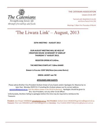 'The Liwara Link' – August, 2013 - Province 20 Catenians of Western ...