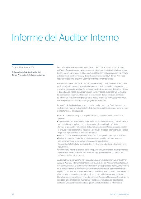 Informe del Auditor Interno - Banco Provincial