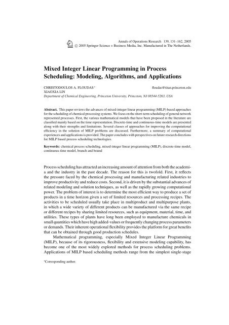 Mixed Integer Linear Programming in Process Scheduling: Modeling ...
