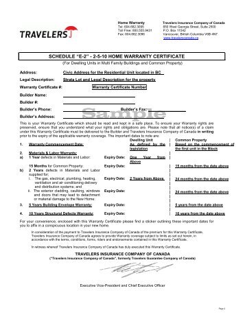 Sample New Home Warranty Certificate - Travelers Canada