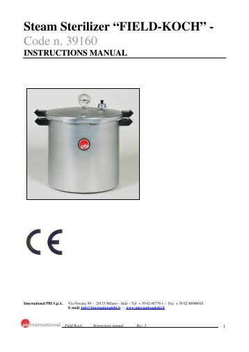 Steam Sterilizer âFIELD-KOCHâ - Code n. 39160 - International Pbi