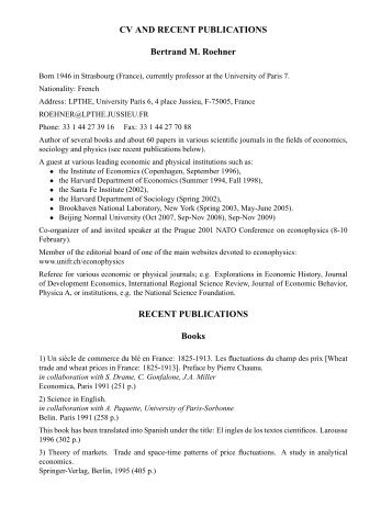 CV AND RECENT PUBLICATIONS Bertrand M. Roehner ... - lpthe