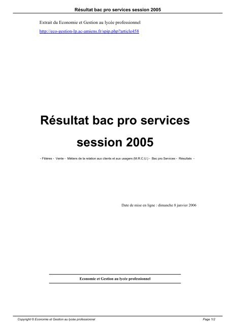 RÃ©sultat bac pro services session 2005 - Economie et Gestion au ...