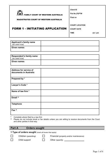 form 1 - initiating application - Family Court of Western Australia