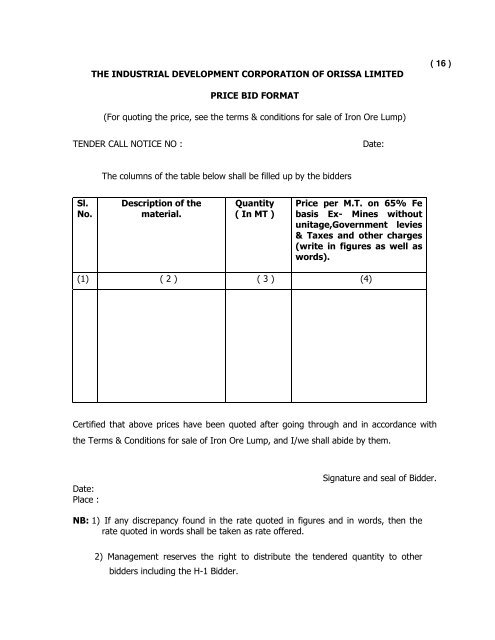 2. The General Bid format and Price Bid format submitted ... - Tender