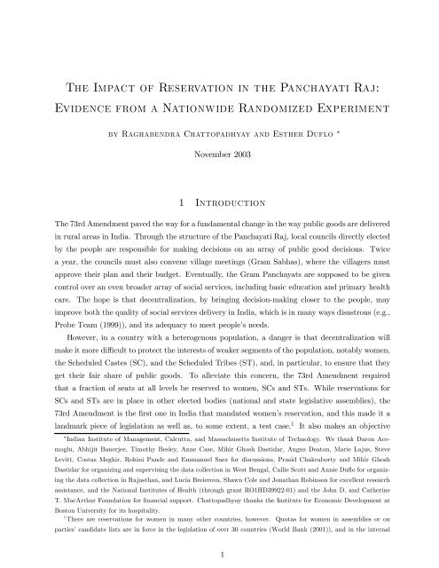 The Impact of Reservation in the Panchayati Raj - Innovations for ...