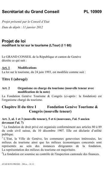 PL 10909 - modifiant la loi sur le tourisme (LTour ... - Etat de GenÃ¨ve