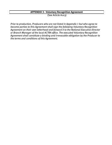 APPENDIX 3 - Voluntary Recognition Agreement ... - ACTRA Toronto