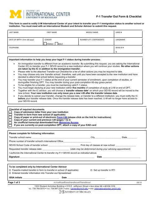 F-1 Transfer Out Form & Checklist - International Center - University ...