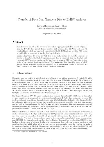 Transfer of Data from Terabyte Disk to BMRC Archives