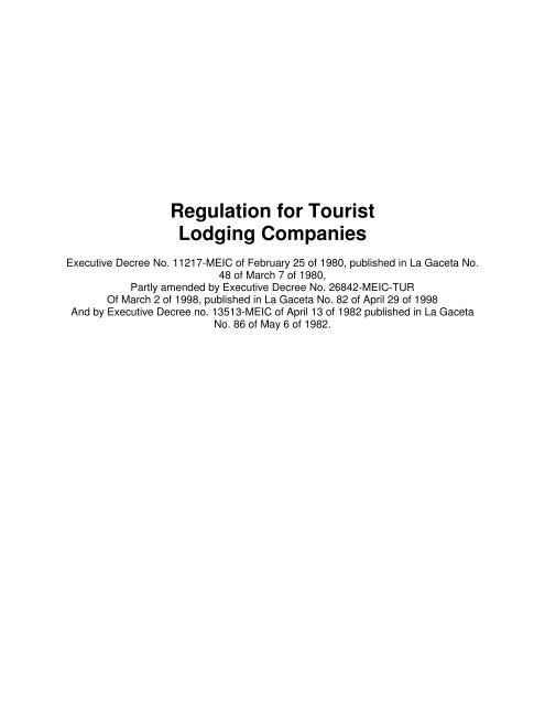 Regulation for Tourist Lodging Companies - Costa Rica