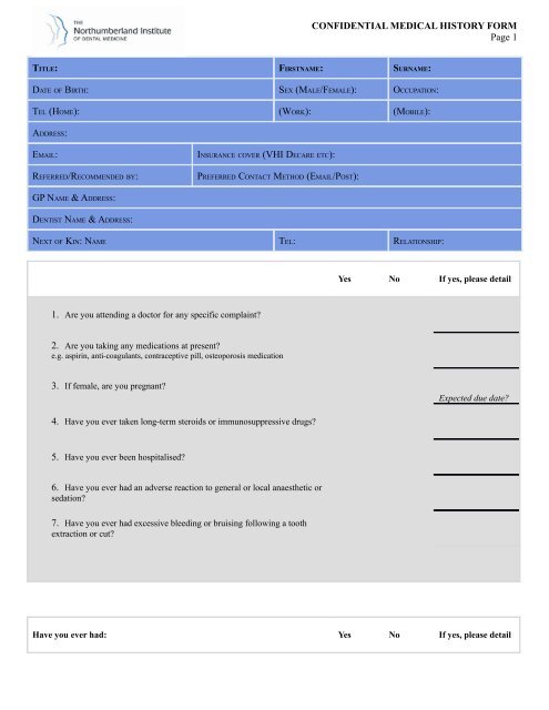 CONFIDENTIAL MEDICAL HISTORY FORM Page 1 ): : GP NAME ...