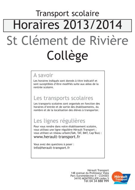 St ClÃ©ment de RiviÃ¨re CollÃ¨ge Horaires 2012/2013 - HÃ©rault Transport