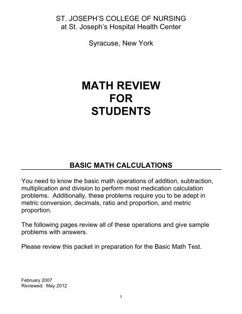 Math Test Review (Pdf) - St. Joseph's College Of Nursing