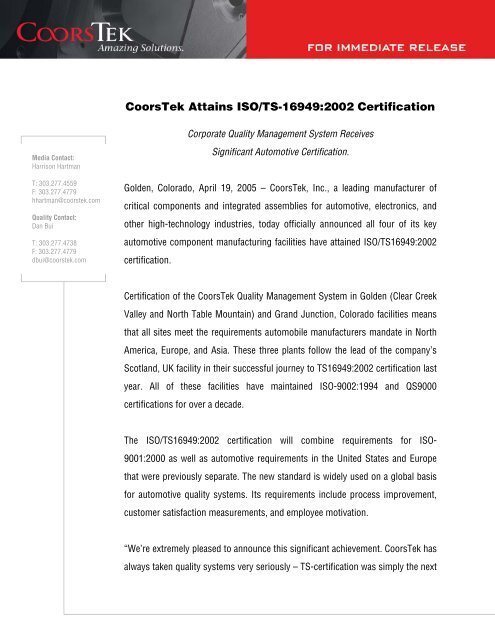CoorsTek Attains ISO/TS-16949:2002 Certification