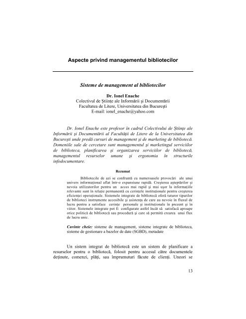 Sisteme de management al bibliotecilor - lisr.ro
