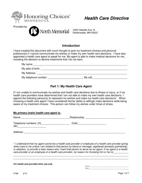 Health Care Directive - North Memorial Health Care