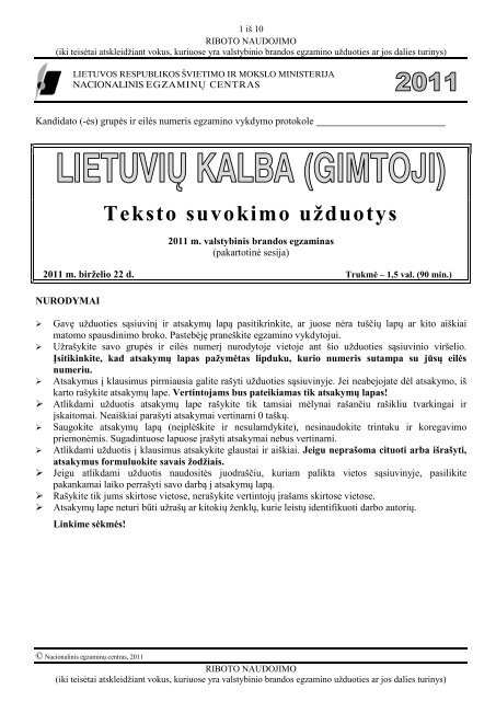 Teksto suvokimo uÅ¾duotys - Nacionalinis egzaminÅ³ centras