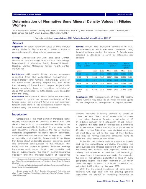 Determination of Normative Bone Mineral Density Values In Filipino ...