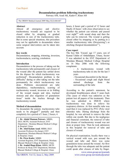 Decannulation problem following tracheostomy - Orion Group