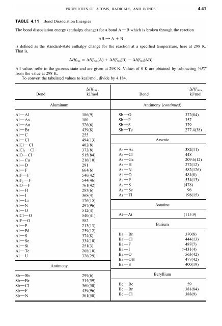 4.41 TABLE 4.11 Bond Dissociation Energies The bond dissociation ...