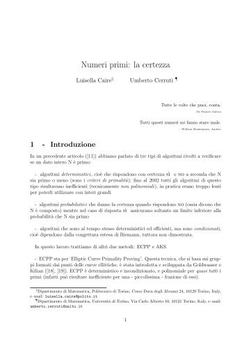 Numeri primi: la certezza - Dipartimento di Matematica