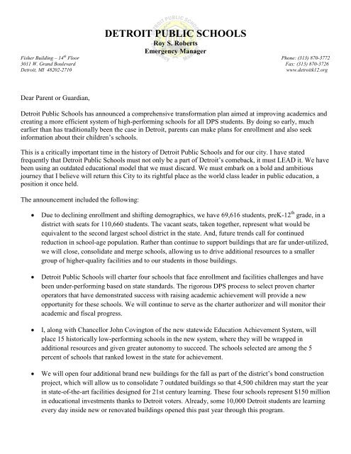 Farwell Elementary-Middle School Letter to Parents - Detroit Public ...