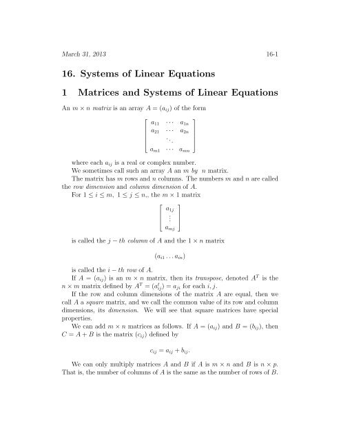 16. Systems of Linear Equations 1 Matrices and Systems of Linear ...