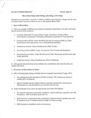 PLANT ECOPHYSIOLOGY Lecture topic 14 Mycorrhizal fungi: plant ...