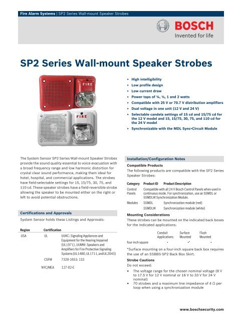 Sp2 Series Walla Mount Speaker Strobes Bosch Security Systems