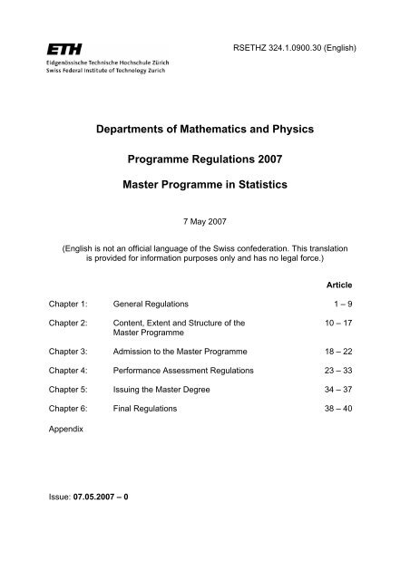 MSc Muster-Reglement - Seminar fÃ¼r Statistik - ETH ZÃ¼rich