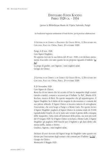Lettere di Giorgio de Chirico a Diaghilev e M. RouchÃ©, Parigi 1928