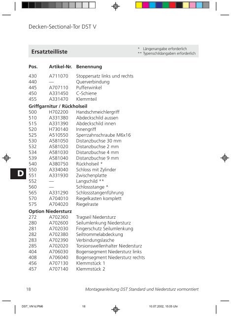 EURO Deckensektionaltor bis April 2006 vormontiert - Textteil