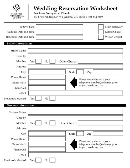 Wedding Reservation Worksheet 2 - Peachtree Presbyterian Church