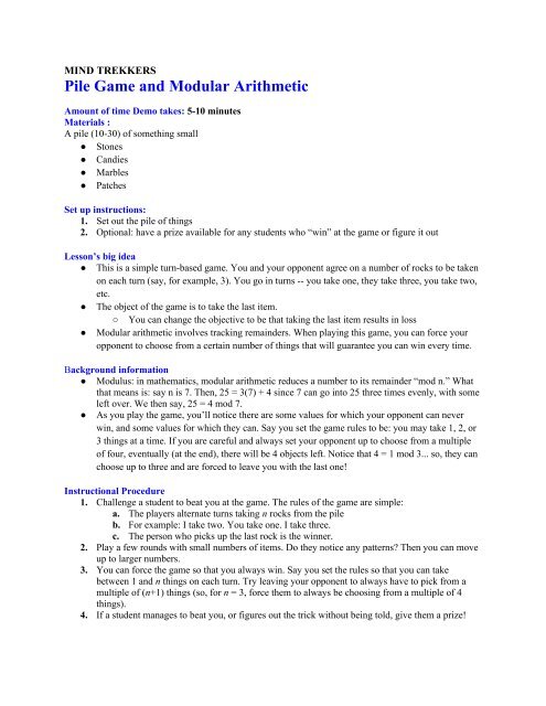 Pile Game and Modular Arithmetic - MTU Mind Trekkers