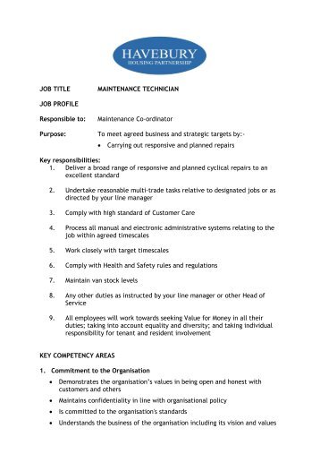 JOB TITLE MAINTENANCE TECHNICIAN JOB PROFILE ...