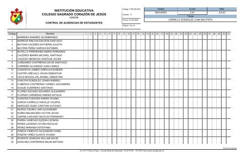 for-ge-029 control de ausencias de estudiantes - Colegio Sagrado ...