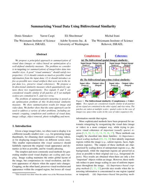 Summarizing Visual Data Using Bidirectional Similarity - Faculty of ...