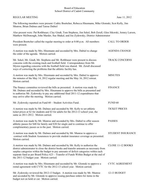 June 11, 2012 Board Minutes - School District of Cadott Community