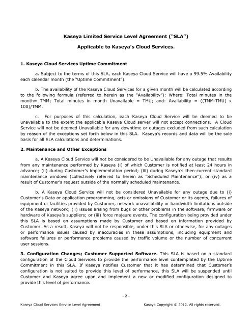 SERVICE LEVEL AGREEMENT KASEYA CLOUD SERVICES