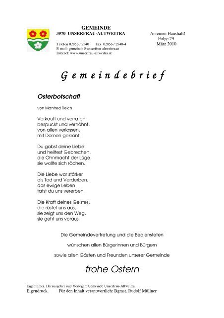 G emeindebrief G emeindebrief Osterbotschaft - Unserfrau-Altweitra