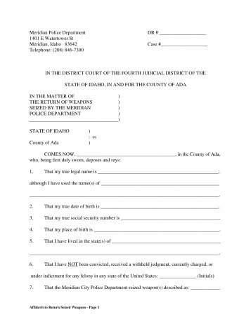 Seized Firearms Affidavit Form - City of Meridian