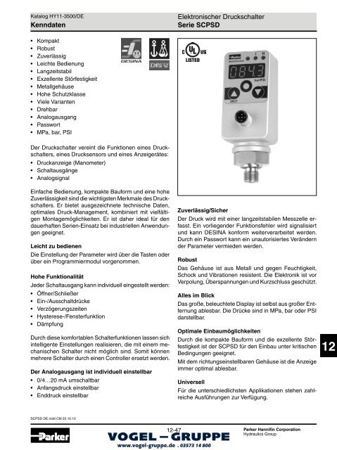 Elektronischer Druckschalter Serie SCPSD Kenndaten - Vogel Gruppe