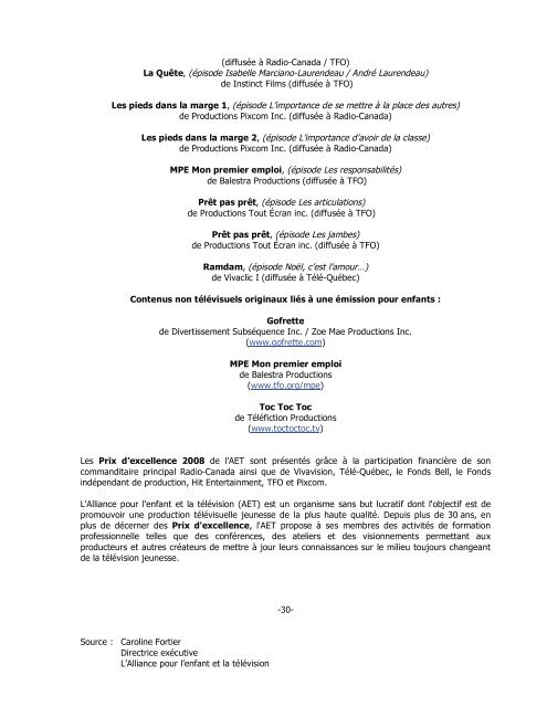 Prix d'excellence 2008– Liste des nominations - Alliance médias ...