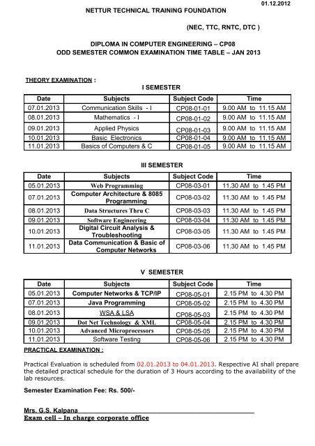 odd semester time table 2012 - NTTF