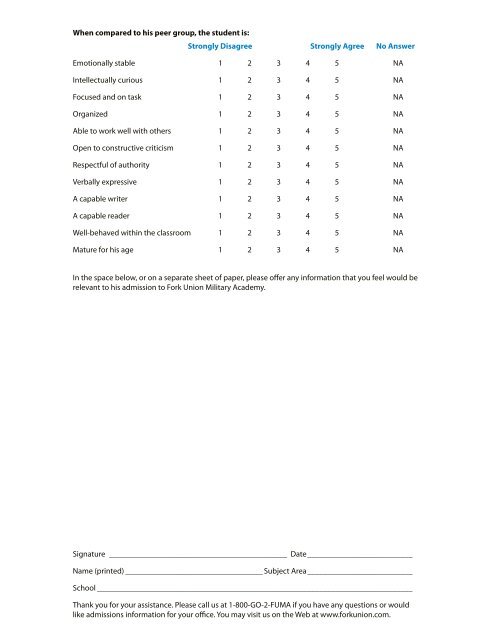 Teacher Recommendation (English) - Fork Union Military Academy