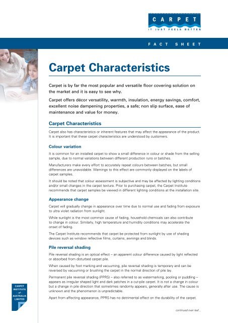 Carpet Characteristics fact sheet - Carpet Institute of Australia