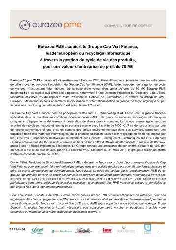 Eurazeo PME acquiert le groupe Cap Vert Finance, leader ...